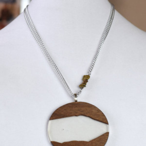 Resin and Wood Pendant - Handmade with Stone Accent on 2 Silver Chains