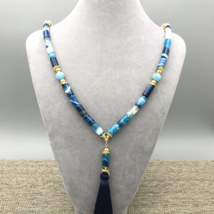 Long Agate Statement Necklace, Tassel Necklace, Long Tassel Necklace, Blue Beaded Necklace, Long Agate Statement, Agate Necklace Long