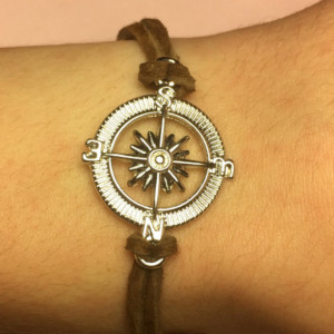 Brown Leather Bracelet, Charm Bracelet with Compass Charm, Compass Bracelet