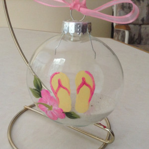 Ornament,  glaass, flip flops on a beach, with hibiscus flower, hand painted