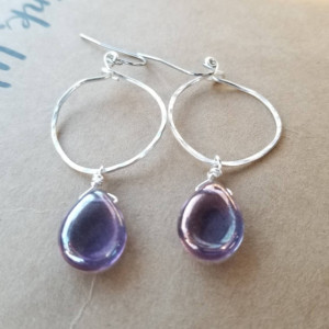 Purple earrings, hammered silver earrings, hooped earrings, silver jewelry, teardrop earrings, handmade hoops, gifts for her under 30
