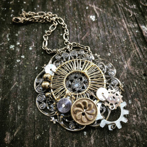 Steampunk Industrial Neo-Victorian Repurposed Handmade Ooak Machinery Filigree Lace Golden Coil Collage