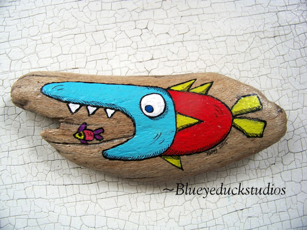 Special Intro price $10 Folk Art Driftwood FISH Painting LUNCH TIME