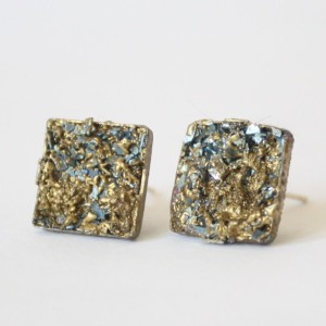 Simulated Pyrite Druzy Blue and Gold Stud Earrings Druzy Post Earrings