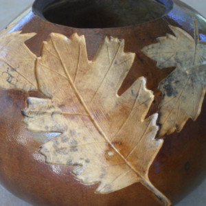 Hand Carved Oak and Maple Leaf Gourd