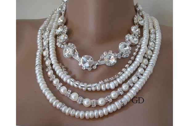 Wedding ,Handmade ivory Freshwater pearl necklace.Chunky layered