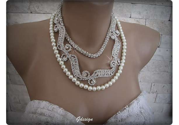 Wedding ,Handmade ivory pearl necklace,rhinestone necklace