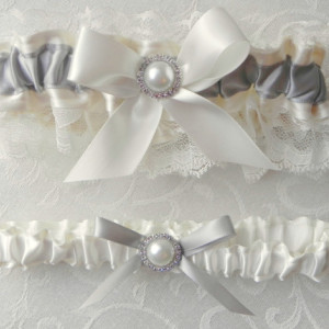 Gray & Ivory Satin and Lace Garter Set