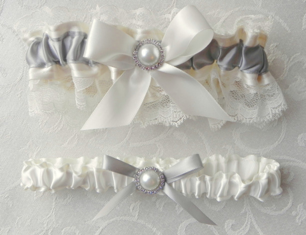 Gray & Ivory Satin and Lace Garter Set