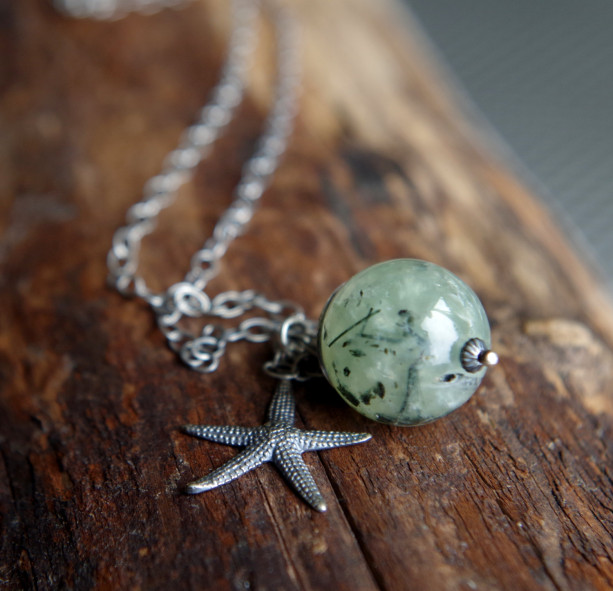 Sterling Silver and Prehnite starfish necklace - 24" length - Mossy Sea Star - Starfish necklace - Gift for nature lover