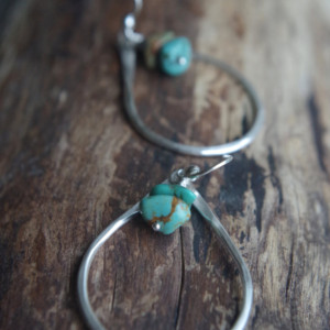 Oregon Raindrops - Large Fine Silver earrings - Hand forged Silver dangles with turquoise