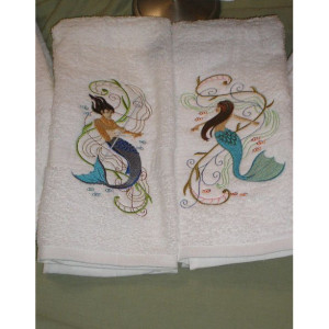 6 piece Set BATHroom towels - Mermaid & Merman - his and hers embroidered bath towels mermaid decor nautical theme other colors available