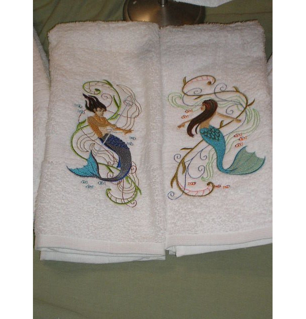 MERMAID NEW DESIGN SET OF 2 HAND TOWELS EMBROIDERED 
