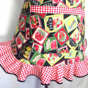 Retro Kitchen Apron for Women , Fruit Labels , Farmers Market , Red and White Check Ruffle