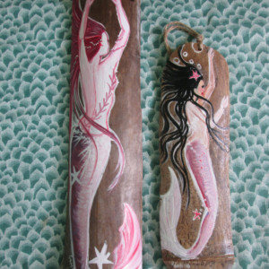 Two Hand Painted Pink Mermaids on Drift Wood Naultical Decor Beach House Decor