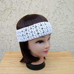 Women's Solid White Summer Headband, Lightweight 100% Cotton Lacy Lace Crochet Knit Boho Festival Beach Hippie Head Band, Ready to Ship in 2 Days