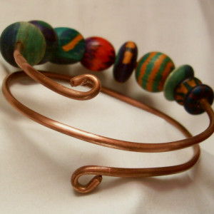 Copper Bangle Bracelet With Hand-Painted Wooden Beads