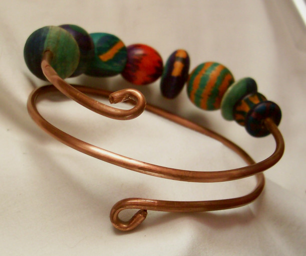 Copper Bangle Bracelet With Hand-Painted Wooden Beads