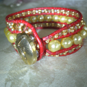 Leather beaded cuff bracelet in red and gold Wrap bracelet, designer look