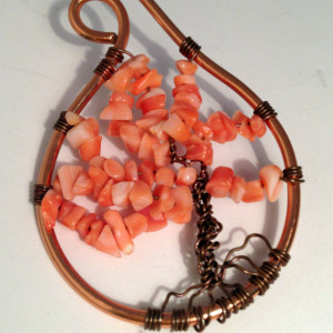 Wire wrapped jewelry, wire wrapped copper torc, handmade jewelry, wire torc,  tree of life,coral beads