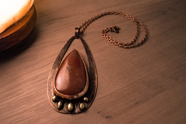 Bloodstone Tear Drop Copper Brass Pendant Necklace Handmade