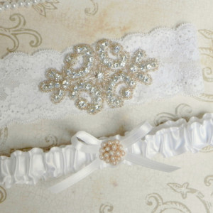 White Lace & Satin Garter Set with Rose Gold Beading & Rhinestones