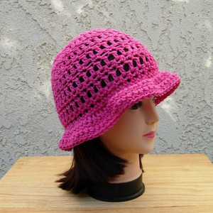 Women's Hot Pink Summer Sun Hat, Lightweight Cotton Crochet Knit Solid Dark Pink Beach Beanie, Bucket, Cap with Brim, Ready to Ship in 3 Days