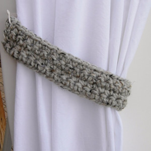 Light Gray Tweed Curtain Tiebacks Tie Backs Set, One Pair of Thick Drapery Holders, Grey Black Tan Crochet Knit, Basic Simple, Ready to Ship in 2 to 3 Days