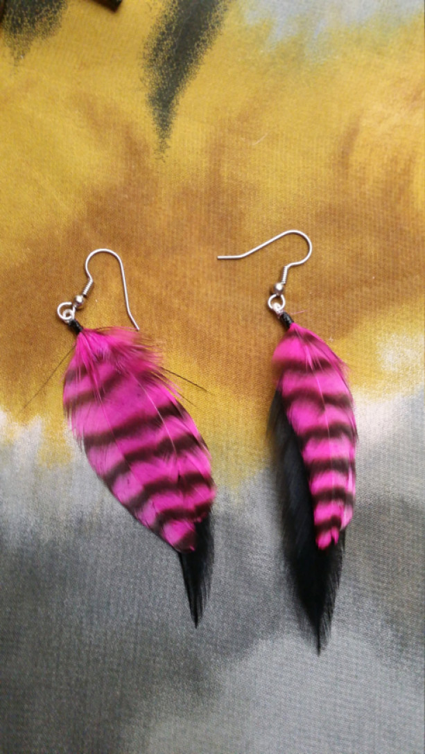 Black Feather Earrings with Pink and Black Grizzly Feather 