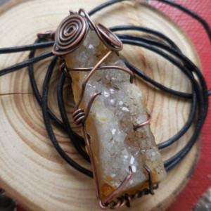 Hammered Rustic Copper Wire Wrapped Druzy Crystal Necklace, Oxidized Patina, Druzy from Pacific Northwest. Ooak