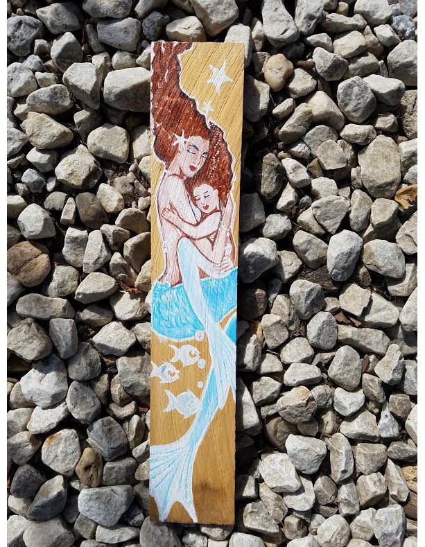 Mermaid and Baby Hand Painted Original Art on Recycled Cedar Panel- Rustic beach House Decor