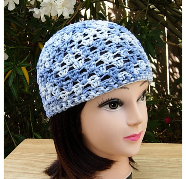 Denim Blue Summer Beanie, 100% Cotton Lacy Skull Cap, Women's Crochet Knit Light Blue Hat, Lightweight Chemo Cap, Ready to Ship in 3 Days