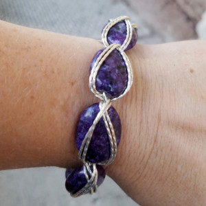 Handmade Egyptian Style Rope look Sterling Silver Bracelet with Purple Jasper