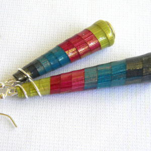 Chartreuse Sangria Teal Navy Jewel Tones Lightweight Long Dangle Cone Earrings - Eco Jewelry - Asymmetrical - 1st Anniversary 