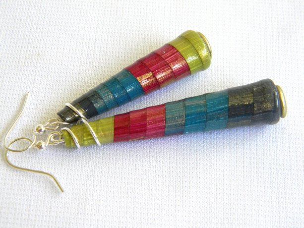 Chartreuse Sangria Teal Navy Jewel Tones Lightweight Long Dangle Cone Earrings - Eco Jewelry - Asymmetrical - 1st Anniversary 