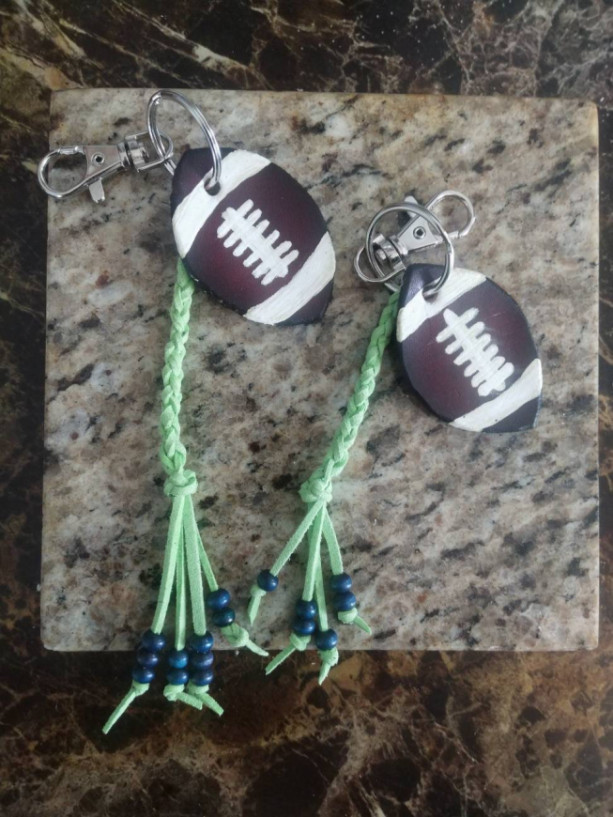 Go Team! Handcrafted Leather Football Keychain with Leather Braid and Beads
