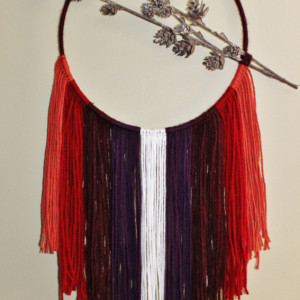 Bohemian Fringe Dream Catcher with a Pinecone Branch Accent - Wall Hanging Home Decor, Peach, Red, Burgundy, Plum, White Wool Fringe