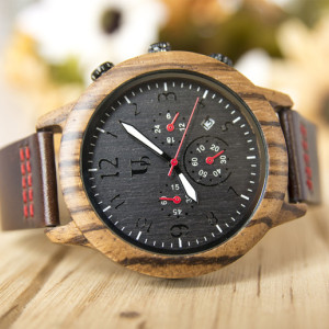 UD Mens Fashion Multi-Function Chronograph Round Wooden Watch Face with Premium Leather Strap