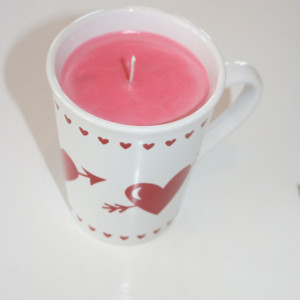 Valentine's Day Red and White Hearts and Arrow Wine and Roses Scented 15 oz Pink Soy Wax Mug Candle
