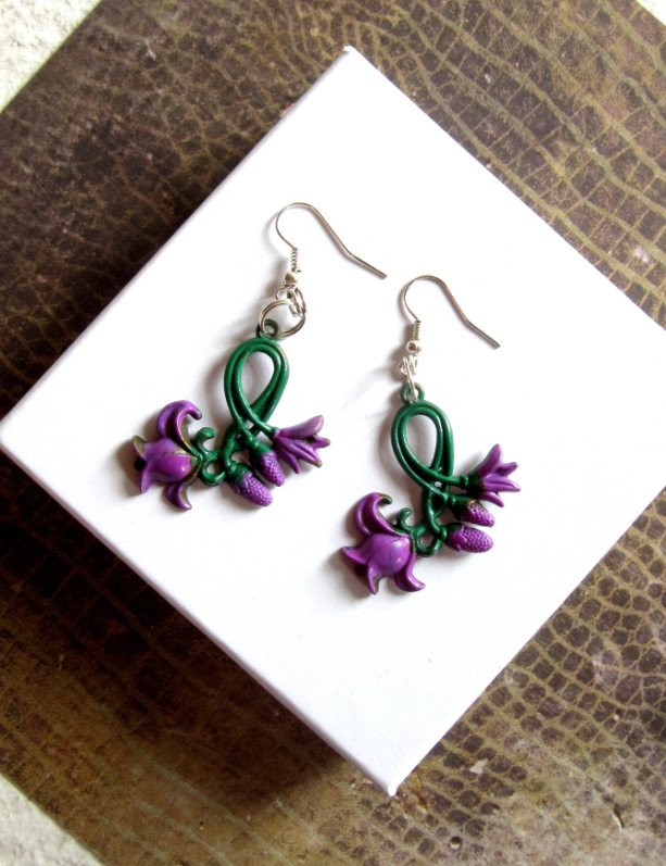 Purple Flower Earrings, Purple Tulip Earrings, Tulip Jewelry, Floral Earrings, Stamped Metal Earrings, Pair of  Hand Painted Earrings