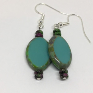 Blue Dangle earrings, Czech Turquoise Green earrings, Boho earrings, Silver wire earrings, multi color seed beads, Beach earrings
