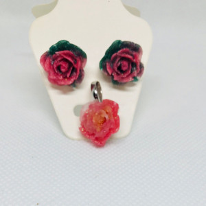 Pink resin rose pendant and rose studs Romantic Gift for Women