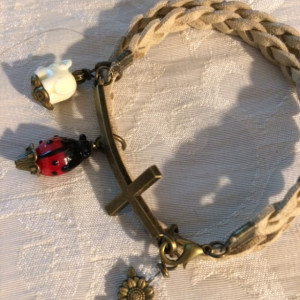 Natural suede leather braided bracelet with bronze tone Cross and charms #B00213