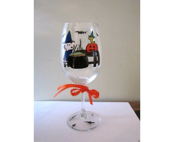 Painted Wine Glass Halloween Snoopy as Witch with Woodstock