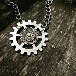 Steampunk Large Industrial Machinery Ooak Filigree Lace Silver Gear Necklace