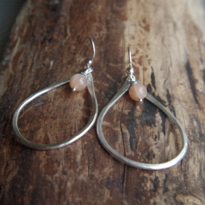 Large Silver hoops - Hand forged .999 fine Silver earrings with peach moonstone - teardrop silver hoops - Oregon Raindrops