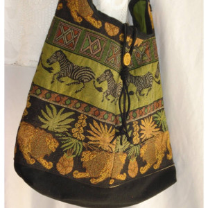 BOHO Over the Shoulder/Crossbody TOTE BAG in Upcycled jeans and African themed fabric with button closure