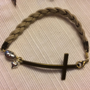 Natural suede leather breaded bracelet with bronze tone Cross connector, cancer charm and heart #B00214