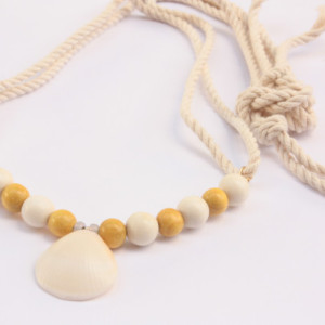 Beach Necklace, Mustard and Creme Wood Beads and Miami Seaschell