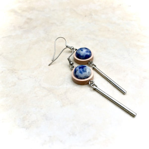 New style- wood, Sodalite Stone, and silver tassel dangling earrings, blue and white gemstone
